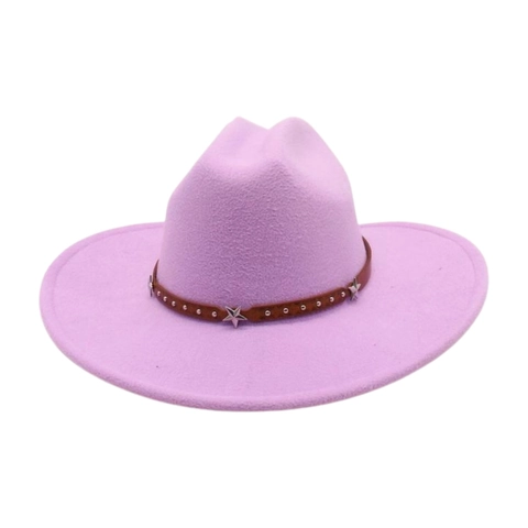 Vintage Western Cowboy Hat Felt Wide Brim Fedora With Leather Belt Silver Stars Rivets Unisex Outdoor Sun Protection