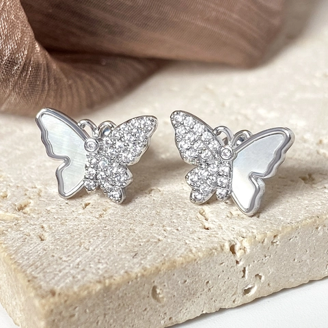 Sweet Copper Butterfly Stud Earrings For Women With Zirconia Shell Inlay Gold Silver Plated Elegant Animal Shaped Jewelry Gift