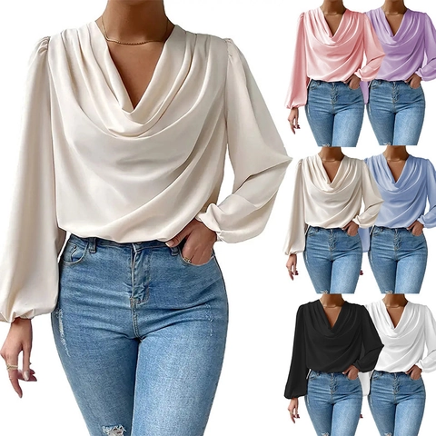 Women Cowl Neck Blouse Chiffon Long Lantern Sleeve Elegant Loose Solid Color Office Top