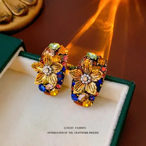 Orecchini Fiore Stile Palazzo Vintage Lega Strass Colorati Perla Artificial Imitazione Con Perno Argento Gioielli Eleganti Donna