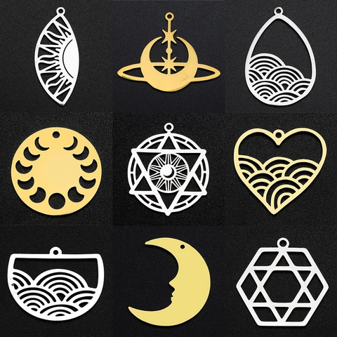 Celestial Hollow Geometric Charms Stainless Steel Moon Star Sun Heart Wave For DIY Jewelry Making Necklaces Earrings