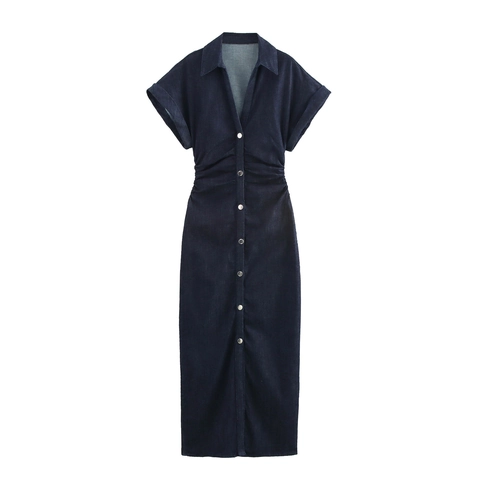 Abito Lungo In Denim Scollo A V Maniche Corte Monopetto Pieghettato Vita Alta Retro Stile Camicia Elegante Donna