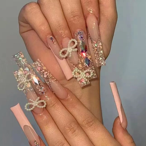 Press On Nägel Lange Coffin Ballerina Künstliche Nägel Mit Künstliche Perlen Schleife Strass Glitzer Französischer Stil