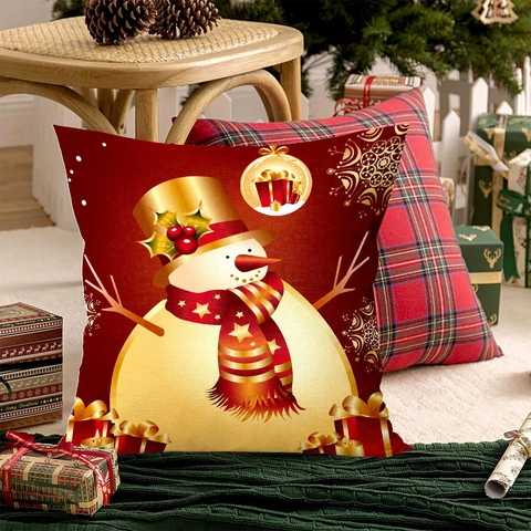 Funda De Almohada De Navidad Oro Dibujos Animados Papá Noel Muñeco De Nieve Felpa Corta Cojín Cuadrado Fiesta