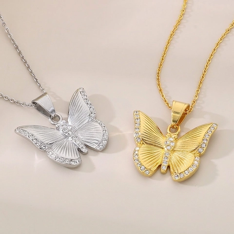 Butterfly Pendant Necklace Stainless Steel With Shimmering Rhinestone Radiant Wing Texture Elegant Sweet Style For Women