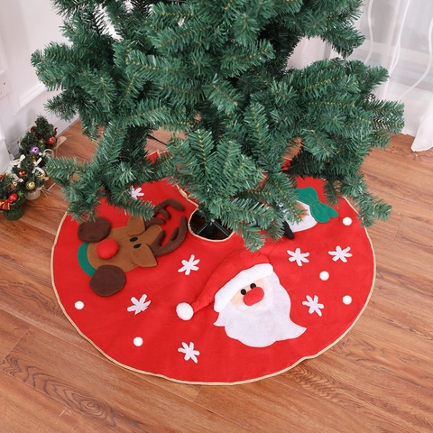 Falda Para Árbol De Navidad Roja Redonda De Tela No Tejida Con Aplicaciones De Papá Noel Reno Muñeco De Nieve Decoración