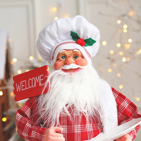 Chef Santa Claus Figurine Christmas Decoration Fabric Plastic Red White Plaid Apron Welcome Sign For Tabletop Holiday