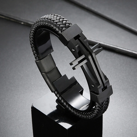 Bracciale In Pelle Intrecciata Da Uomo Con Croce In Acciaio Inossidabile Gioielli Punk