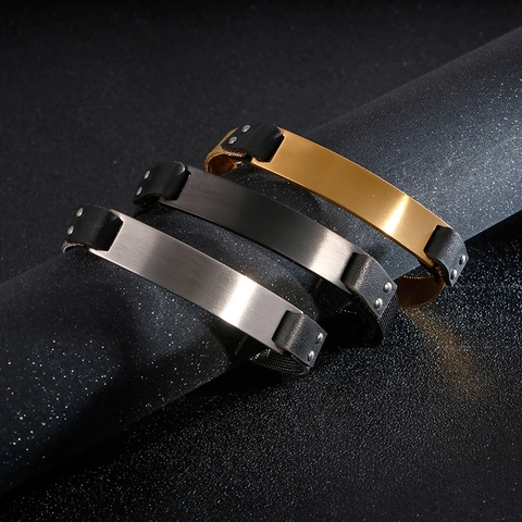Minimalistische Roestvrijstalen Mesh Band Armband Met Blanco ID Plaat Lederen Accenten Industriële Stijl Voor Heren