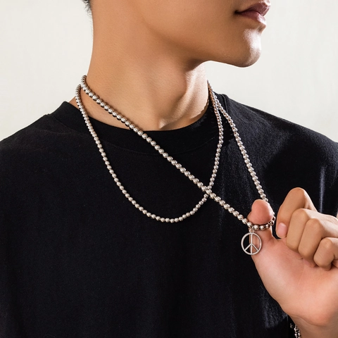 Men Double Layer Bead Chain Necklace Alloy Silver Color Peace Sign Pendant Hip Hop Fashion Jewelry