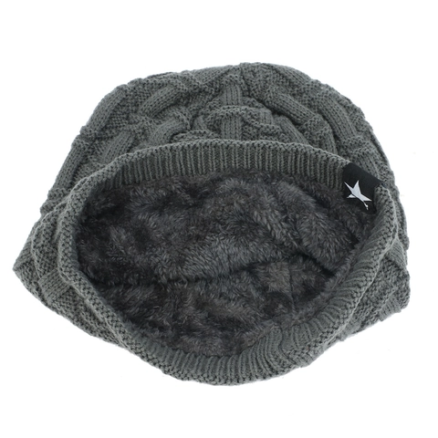 Herren Winter Beanie Mütze Gestrickt Acryl Fleecegefüttert Warm Totenkopfkappe Sternaufnäher Wellenmuster