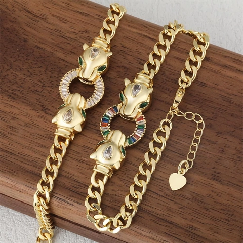 Trendy Copper Gold Plated Leopard Panther Head Rhinestone Bracelet With Adjustable Heart Charm Extension Link Chain For Women Jewelry