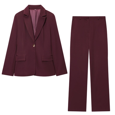 Damen Blazer Und Hose Einfarbig Revers Einreihig Langarm Büro Business Elegant Polyester Burgund