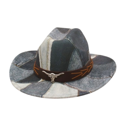 Retro Western Cowboy Hat Denim Patchwork Wide Brim With Leather Belt And Metal Bull Head Decoration For Travel