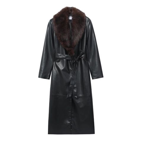 Women Long PU Leather Coat With Detachable Faux Fur Collar Solid Color Fashion Tie Waist Belt Outwear