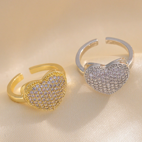 Anello Cuore Rame Placcato Oro 18K Zircone Regolabile Aperto Gioielli Di Moda Lusso Per Donne