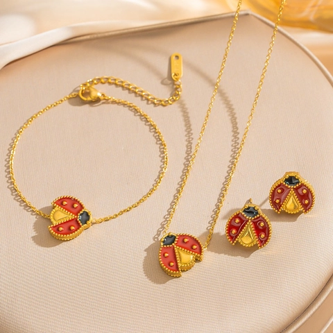 Ladybug Flower Necklace Earrings Bracelet Jewelry Stainless Steel 18K Gold Plated Enamel Accessories For Women