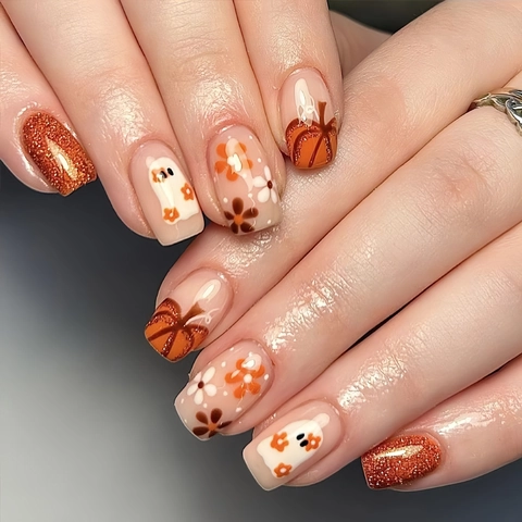 Halloween Press On Nails Short Square Orange Pumpkin Ghost Flower Glossy Fake Nails For Women