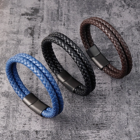 Herren Lederarmband Geflochten Lagen Armreif Mit Matten Metall Magnetverschluss Retro Einfacher Stil Schmuck