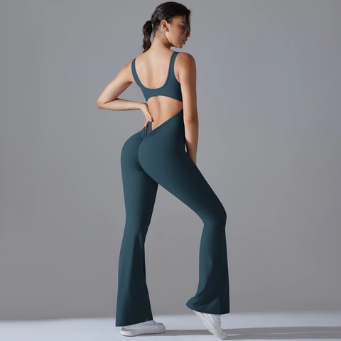 Women Jumpsuit Nylon Spandex Hollow Out Back Flared Leg Yoga Fitness Slim Fit Scrunch Butt Athletic Bodysuit