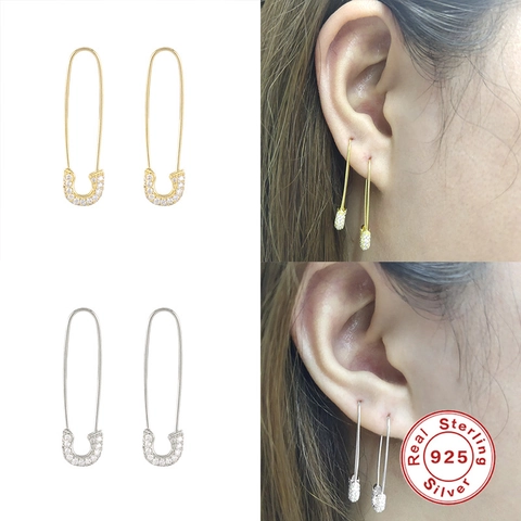 Orecchini a Cerchio in Argento Sterling 925 a Forma di Spilla da Balia per Donna Geometrici con Zirconia Gioielli di Moda