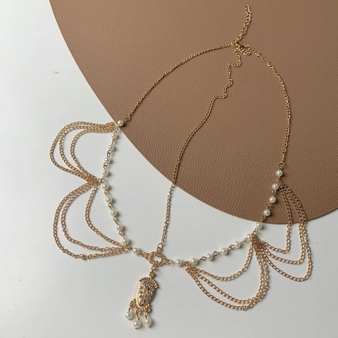 Catena Per Capelli Multistrato Elegante Lega Oro Perla Artificial Sintetica Strass Nappa Copricapo Da Fronte Boho Vintage Accessorio Capelli