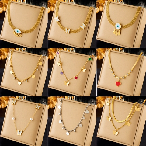 Stainless Steel Butterfly Heart Evil Eye Pendant Necklace For Women Elegant Artificial Pearl Shell Rhinestone Jewelry Gift
