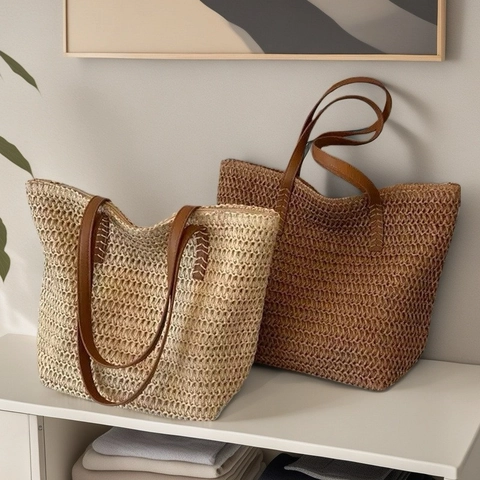Borsa Tote In Paglia Intrecciata Estate Spiaggia Vacanze Borsa A Spalla Grande Capacità Carta Intrecciata Con Manici In Pelle