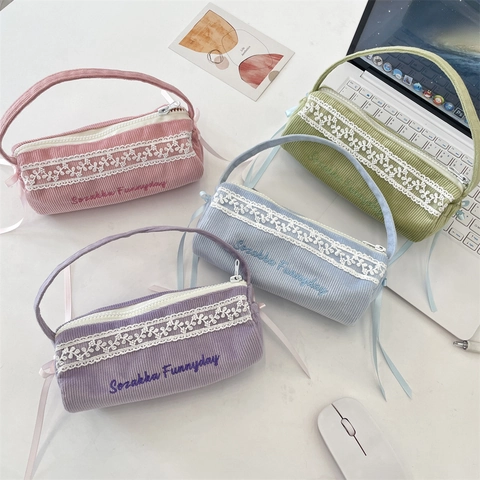 Corduroy Pencil Case Large Capacity Stationery Storage Bag With Lace Ribbon Bow Handheld Student Pen Pouch For School Office
