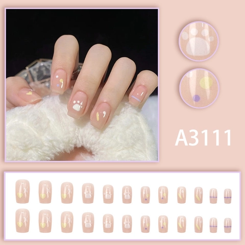 Press On Nails Short Square Round Cute Cat Claw Heart Pattern Nude Pink Matte DIY Manicure Daily Sweet Style For Women