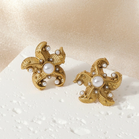 Seestern Stecker Ohrringe Edelstahl 18K Vergoldet Mit Kunstperlen Mode Ozean Stil Für Damen