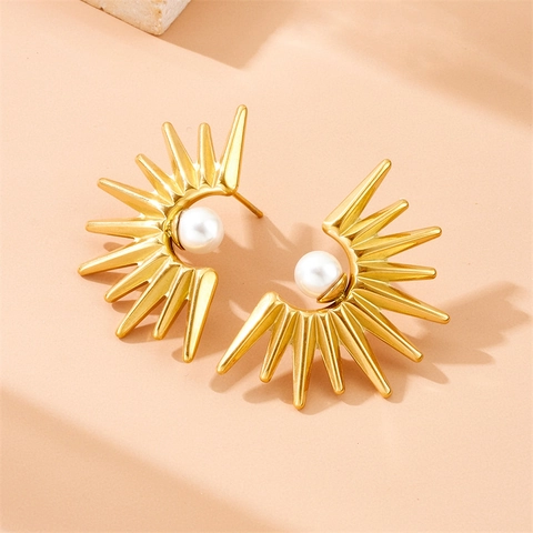 Stainless Steel Sunburst Necklace Earring And Ring Sunflower Artificial Pearl Pendant Clavicle Chain Vintage Fashion For Women