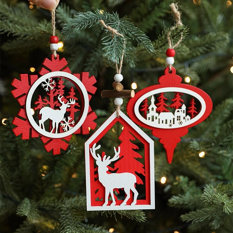Ornamenti Natalizi Sospesi Legno Taglio Laser Renna Foresta Casa Doppio Strato Nordico Rustico Decorazioni Albero Perle Legno