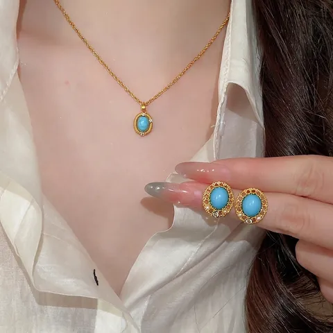 Französischer Retro Türkis Zirkon Anhänger Halskette Und Ohrringe Schmuck Mit 925 Sterling Silber Ohrstecker Für Frauen
