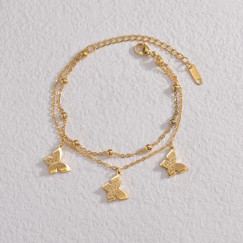 Fashion 304 Stainless Steel Gold Plated Double Layer Butterfly Pendant Bracelet For Women Elegant Versatile Jewelry Gift