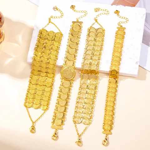 Gold Plated Coin Bracelet Anklet For Women Vintage Ethnic Embossed Round Pendants Adjustable Chain Bohemian Wedding Jewelry