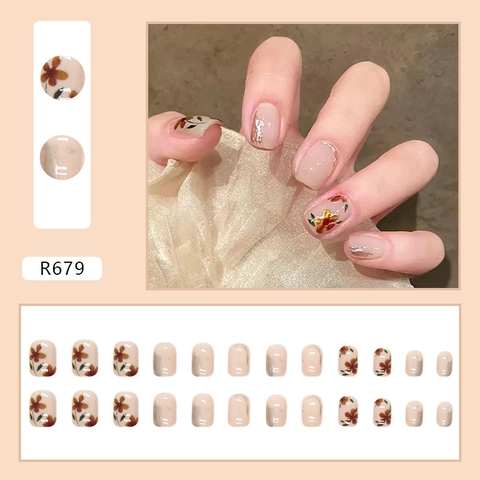 Uñas Postizas Florales Patrón De Flores De Esmalte Corto Cuadrado Redondo Brillante Uñas Artificiales Elegante Dulce Estilo Vintage Para Mujeres