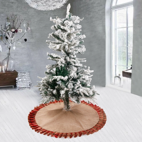 Christmas Tree Skirt Burlap Flax With Red Green Plaid Ruffled Edge Traditional Scottish Style Home Holiday Decor