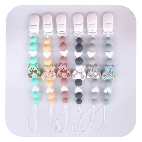 Silicone Baby Pacifier Clip Chain Cartoon Bear Heart Beads Soothing Teether Toy Anti-Drop Holder For Newborns Infants
