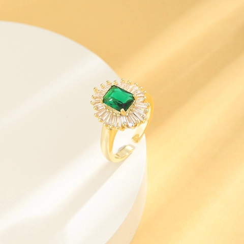 Kupfer Vergoldet Smaragdgrün Zirkon Offener Ring Baguette Cubic Zirkonia Verstellbar Vintage Luxus Schmuck Für Damen