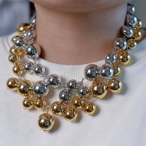 Alloy Statement Round Ball Choker Necklace For Women Chunky Polished Bead Multi Layered Look Retro Bold Personalized Fashion Jewelry