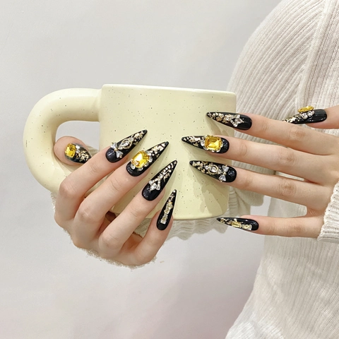 Handmade Black Stiletto Press On Nails Luxury Zircon Yellow Rhinestone Gold Foil Baroque Vintage Style False Nails