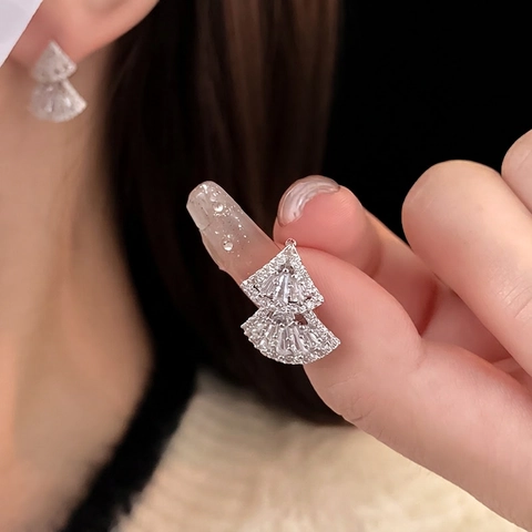 Orecchini A Lobo In Rame A Forma Di Ventaglio A Doppio Strato Con Zircone E Perno In Argento Gioielli Di Lusso Eleganti Per Donna
