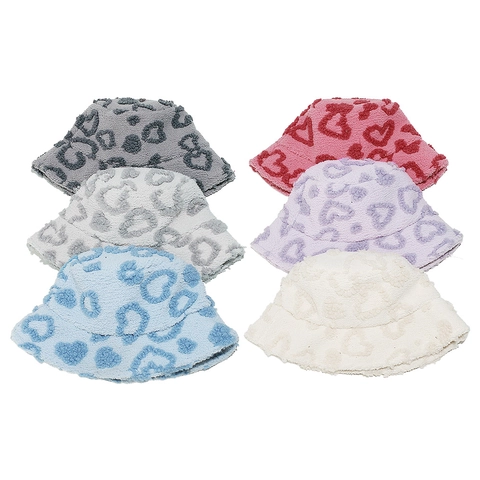 Sherpa Bucket Hat For Women Heart Pattern Plush Faux Fur Warm Winter Windproof Outdoor Casual Headwear