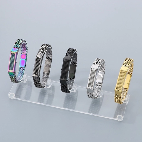 Herren Edelstahl Armband Geflochtenes Kabel Kette Mit ID Platte Magnetverschluss Punk Hip Hop Industrie Schmuck