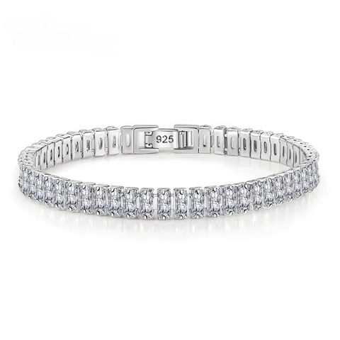 Bracciale Tennis In Rame Placcato Argento Con Zirconi Cubici A Taglio Rettangolare Gioielli Di Moda Scintillanti Da Donna