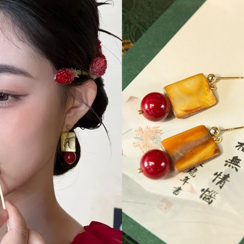 Pendientes Colgantes Cuadrados De Concha Y Cuentas De Vidrio Con Poste De Plata Joyas Vintage Estilo Neochino Para Mujer