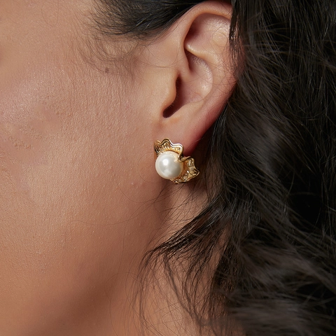 Pendientes de Botón de Flor de Cobre Vintage Con Perla Artificial Poste de Plata Ley 925 Oro Elegante Mujer Joyería