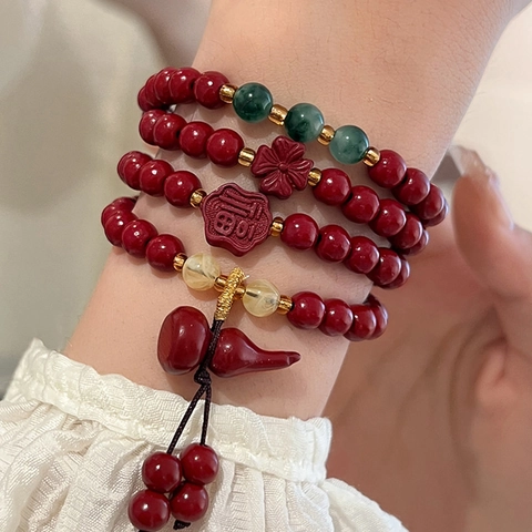 Multi Layer Zinnober Perlenarmband Damen Chinesischer Ethno Stil Gourd Blumen Fu Charakter Charms Vintage Retro Schmuck