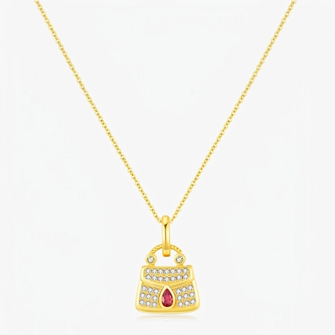 Collana Con Ciondolo A Borsa In Argento Sterling 925 Da Donna Placcata Oro Con Zircone E Pietra Rossa Accessorio Di Moda